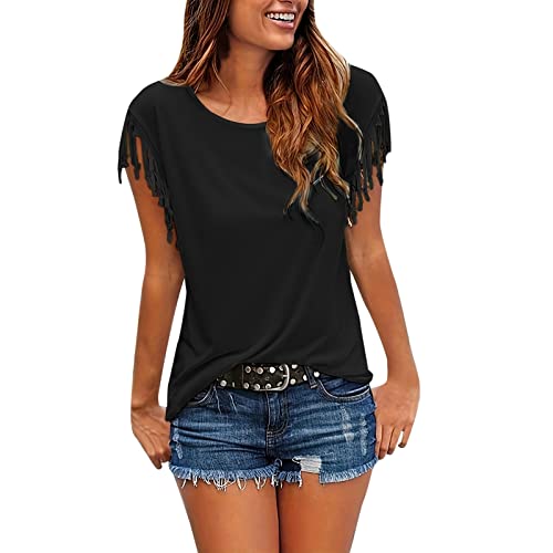 T Shirt Damen Kurzarm mit Fransen, Oberteile Damen Sommer - Bluse Damen Slim Fit Western Mode Tunika Top Einfarbig Boho Tshirt Strand Urlaub T-Shirts von DeaAmyGline