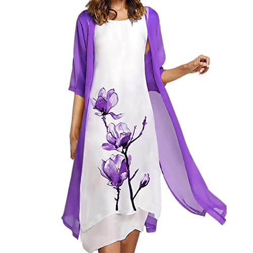 Zweiteiliger Damen Kleid mit Chiffon Cardigan Set ,Sommerkleid Damen Elegant - Ärmellos Maxikleider Blumen Drucken Vintage Kleider Festlich Elegant Locker Freizeitkleid Partykleid Cocktailkleid von DeaAmyGline