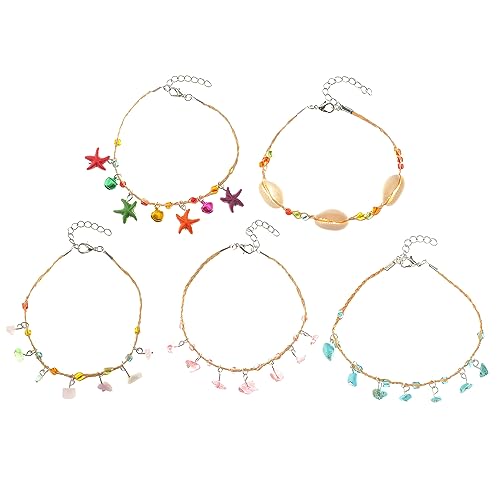 6 Pcs Strand Stil Seesterne Muschel Fußkettchen Armband, gewebte Lafite Gras, farbiger Kies Handgemachte Sommer Einstellbare Fußkettchen Bunte Mehrschichtige Fuß Schmuck für Frauen Mädchen Damen von Decentraland