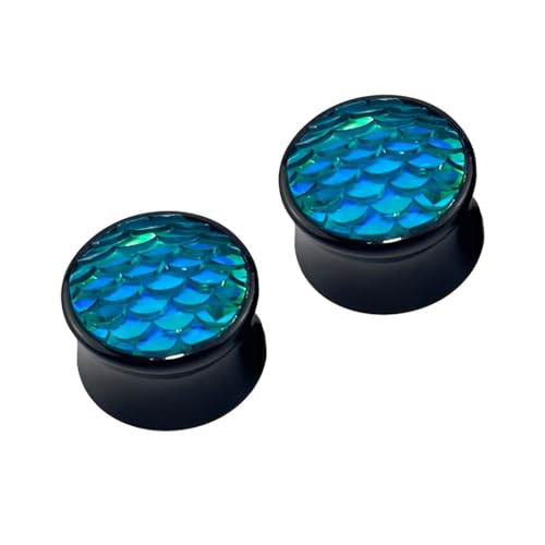 Decentraland 2 Stück 10mm(00G) Schwarzes Acryl Blau Schillernde Meerjungfrauenschuppen Doppel-Flare-Stecker Ohrlehre Ohrringe Ohrmuschel-Expander Piercing-Schmuck Für Damen Und Herren von Decentraland