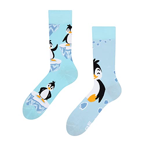 Dedoles Socken Unisex Damen Herren & Kinder Baumwolle viele lustige Designs 1 Paar Geschenk links rechts verschieden, Farbe Blau, Motiv Fröhlicher Pinguin, Gr. 35-38 von Dedoles