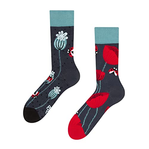 Dedoles Socken Unisex Damen Herren & Kinder Baumwolle viele lustige Designs 1 Paar Geschenk links rechts verschieden, Farbe Rot, Motiv Marienkäfer und Mohnblumen, Gr. 39-42 von Dedoles