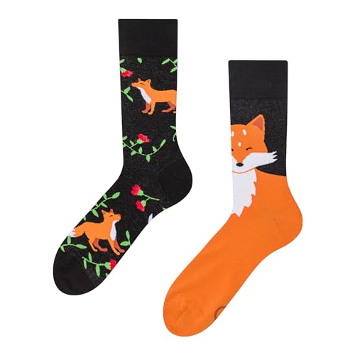 Dedoles Socken Unisex Damen Herren & Kinder Baumwolle viele lustige Designs 1 Paar Geschenk links rechts verschieden, Farbe Schwarz, Motiv Fuchs und Blüten, Gr. 35-38 von Dedoles