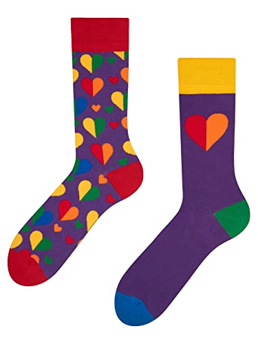 Dedoles Socken Unisex Damen Herren & Kinder Baumwolle viele lustige Designs 1 Paar Geschenk links rechts verschieden, Farbe Lila, Motiv Regenbogenherzen, Gr. 35-38 von Dedoles