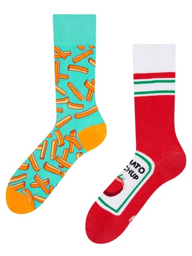 Dedoles Socken Unisex Damen Herren & Kinder Baumwolle viele lustige Designs 1 Paar Geschenk links rechts verschieden, Farbe Rot, Motiv Pommes mit Ketchup, Gr. 35-38 von Dedoles