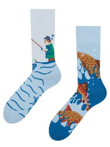 Dedoles Socken Unisex Damen Herren & Kinder Baumwolle viele lustige Designs 1 Paar Geschenk links rechts verschieden, Farbe Blau, Motiv Fischerei, Gr. 39-42 von Dedoles