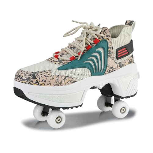 Schuhe mit Rollen für Jungen Mädchen, Rollschuhe mit 4 Einziehbaren Rädern, 2-in-1 Rollschuhen und Sneakers, Roller Skate Shoes für Kinder Teenager (Braun, 34) von Deformation Roller Skates