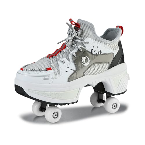 Schuhe mit Rollen für Jungen Mädchen, Rollschuhe mit 4 Einziehbaren Rädern, 2-in-1 Rollschuhen und Sneakers, Roller Skate Shoes für Kinder Teenager (Grau, 34) von Deformation Roller Skates