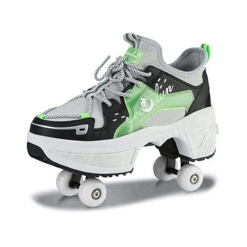 Schuhe mit Rollen für Jungen Mädchen, Rollschuhe mit 4 Einziehbaren Rädern, 2-in-1 Rollschuhen und Sneakers, Roller Skate Shoes für Kinder Teenager (Grün, 39) von Deformation Roller Skates