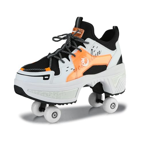 Schuhe mit Rollen für Jungen Mädchen, Rollschuhe mit 4 Einziehbaren Rädern, 2-in-1 Rollschuhen und Sneakers, Roller Skate Shoes für Kinder Teenager (Orange, 38) von Deformation Roller Skates