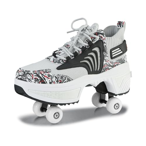 Schuhe mit Rollen für Jungen Mädchen, Rollschuhe mit 4 Einziehbaren Rädern, 2-in-1 Rollschuhen und Sneakers, Roller Skate Shoes für Kinder Teenager (Schwarz, 36) von Deformation Roller Skates