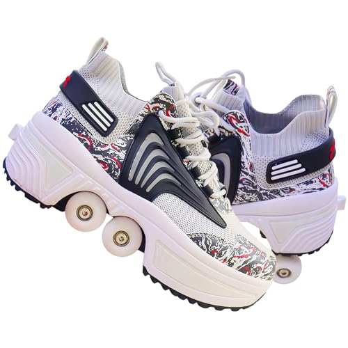 Schuhe mit Rollen für Jungen Mädchen, Rollschuhe mit 4 Einziehbaren Rädern, 2-in-1 Rollschuhen und Sneakers, Roller Skate Shoes für Kinder Teenager (Schwarz, 39) von Deformation Roller Skates