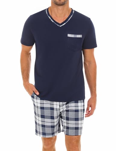 Demegimi Herren Pyjama Kurz Baumwolle Sommer Schlafanzug Set V-Ausschnitt Hausanzug T-Shirt und Karierter Schlafhose,Blau,S Demegimi Herren Pyjama Kurz Baumwolle Sommer Schlafanzug Set V-Ausschnitt Hausanzug T-Shirt und Karierter Schlafhose,Blau,S von Demegimi