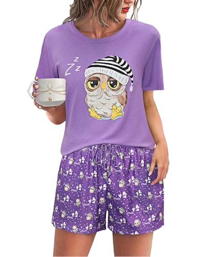 Demegimi Kurzer Schlafanzug Damen Baumwolle Sommer Shorty Pyjama Kurzarm Nachtwäsche Zweiteiliger Schlafanzug für Damen mit Eulenmuster S-XXL Demegimi Kurzer Schlafanzug Damen Baumwolle Sommer Shorty Pyjama Kurzarm Nachtwäsche Zweiteiliger Schlafanzug für Damen mit Eulenmuster S-XXL von Demegimi