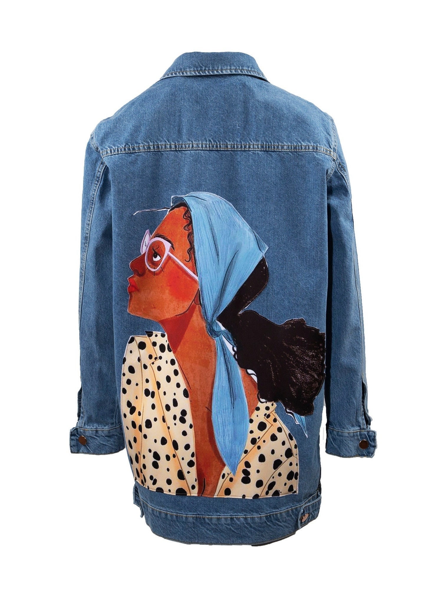 Schwarze Frauen Art Jacke, Affro Girl Bedruckter Jeans Mantel, Afro Image Jean, Langer Oversized Weiche Bequeme Jeans, Geschenkjacken Und Mäntel von DenimJacketPoupee