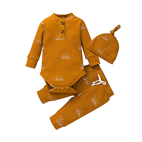 Derouetkia Baby Jungen Kleidung Neugeborene gerippte Langarm Strampler mit Sonnenmuster für Hosen und Hut Outfits Set, Gelb, 0-3 Monate von Derouetkia