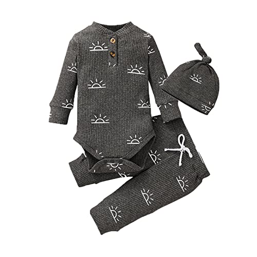Derouetkia Baby Jungen Kleidung Neugeborene gerippte Langarm Strampler mit Sonnenmuster für Hosen und Hut Outfits Set, Grau, 6-9 Monate von Derouetkia
