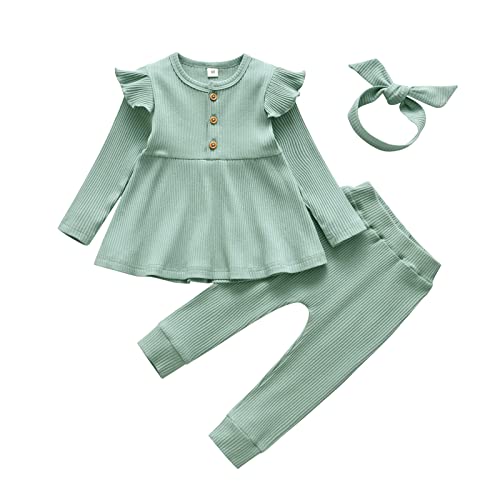 Derouetkia Baby Mädchen Kleidung Kleinkind Mädchen Rüschen Tops Langarm Hose mit Stirnband Outfit Set, Grün, 18-24 Monate von Derouetkia