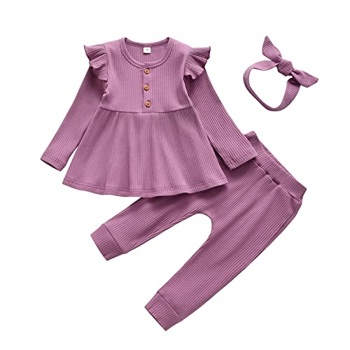 Derouetkia Baby Mädchen Kleidung Kleinkind Mädchen Rüschen Tops Langarm Hose mit Stirnband Outfit Set, lila, 12-18 Monate von Derouetkia