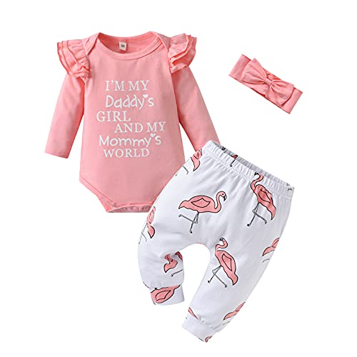 Derouetkia Neugeborene Baby Mädchen Kleidung Brief Rüschen Strampler Blumen Hosen oder Bogen Stirnband 3Pcs Kleinkind Outfits Set, Rosa, 0 Monate von Derouetkia