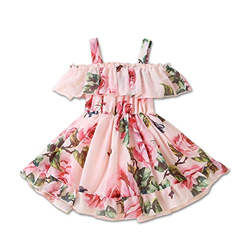 Kleinkind Baby Mädchen Sommer Floral Kleid aus Schulter Rock Chiffon Prinzessin Kleider Strumpfhalter Sonnenkleid für kleine Mädchen, Rosa, 2-3 Jahre von Derouetkia