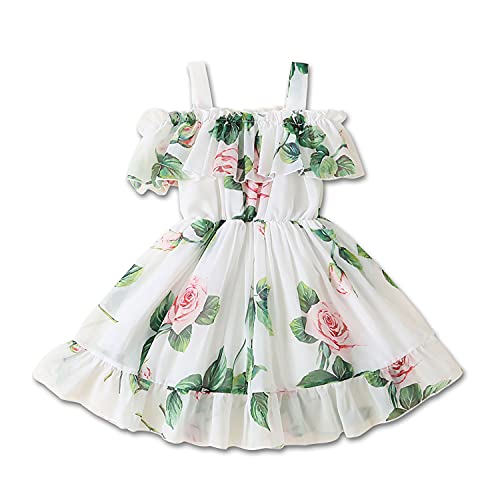 Kleinkind Baby Mädchen Sommer Floral Kleid aus Schulter Rock Chiffon Prinzessin Kleider Strumpfhalter Sonnenkleid für kleine Mädchen, Weiß, 3-4 Jahre von Derouetkia