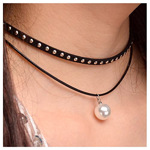 Dervivea Bohème Schwarzes Halsband Choker Halskette Perlenanhänger Choker Halskette Geschichtetes Leder Halskette Kette Gothic Punk Nieten Choker Halskette Schmuck Für Frauen Und Mädchen von Dervivea