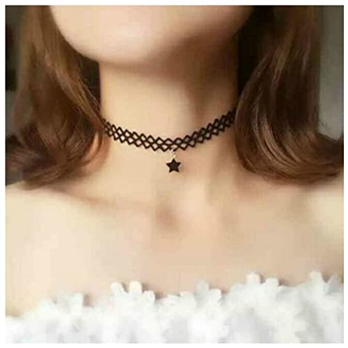 Dervivea Bohemia Star Lace Choker Halskette Short Black Tattoo Halskette Gothic Star Pendant Collar Halskette Hollow Lace Clavicle Necklace Schmuck für Frauen und Mädchen von Dervivea