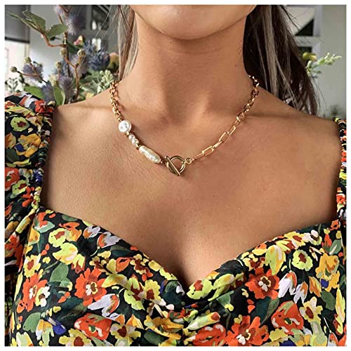 Dervivea Boho Barock Perlen Choker Halskette Gold Büroklammer Kette Halskette Perle Toggle Verschluss Halskette Kette Unbalanciert Halskette Schmuck Für Frauen Und Mädchen von Dervivea