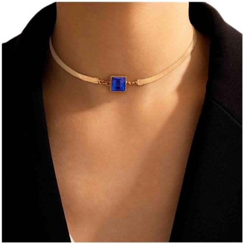 Dervivea Boho Blau Saphir Quadratische Halskette Choker Schlange Kette Halskette Quadratisch Blau Edelstein Halskette Gold Fischgrät Kette Halskette Schmuck Für Frauen Und Mädchen von Dervivea