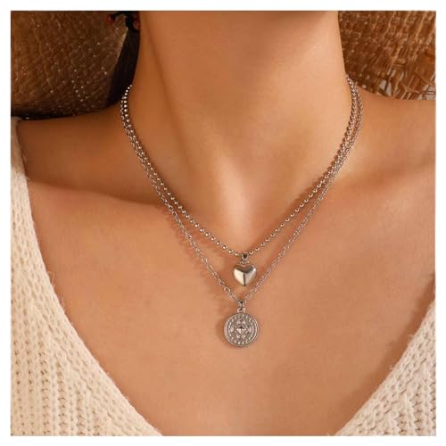 Dervivea Boho Geschichtet Herz Choker Halskette Silber Münze Anhänger Halskette Geschwollenes Herz Halskette Vintage Disc Choker Halskette Schmuck Für Frauen Und Mädchen von Dervivea