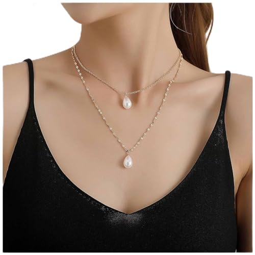 Dervivea Boho Geschichtete Perlenkette Teardrop Perlen Anhänger Halskette Retro Perlen Anhänger Halskette Gold Perlen Perlen Halskette Schmuck Für Frauen Und Mädchen von Dervivea