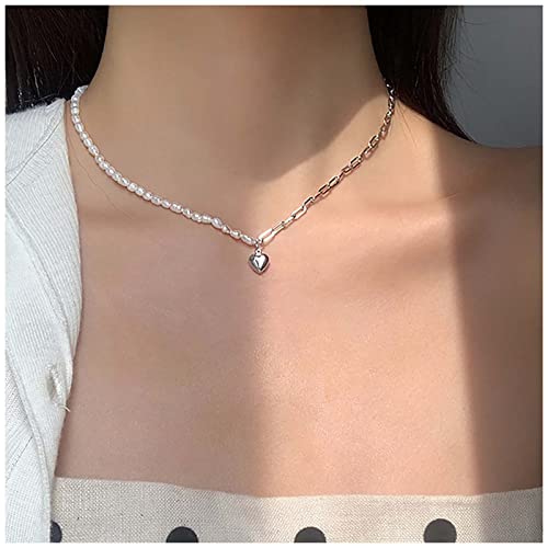 Dervivea Boho Perlenkette Halskette Puffed Heart Anhänger Halskette Perle Choker Halskette Silber Büroklammer Kette Halskette Schmuck Für Frauen Und Mädchen von Dervivea