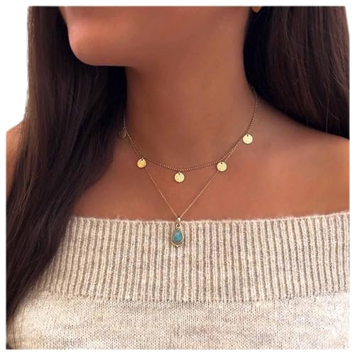 Dervivea Geschichtete Münze Scheibe Choker Halskette Teardrop Türkis Anhänger Halskette Gold Scheibe Baumeln Halskette Boho Türkis Halskette Schmuck Für Frauen Und Mädchen von Dervivea