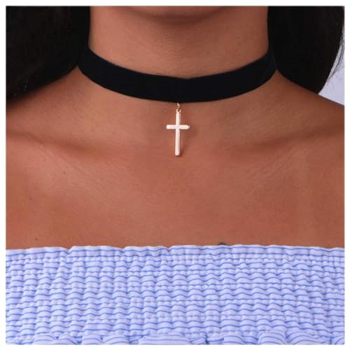 Dervivea Gothic Samt Choker Halskette Kreuz Anhänger Halskette Kurz Wildleder Kragen Halskette Schwarz Breit Choker Halskette Schmuck Für Frauen Und Mädchen von Dervivea