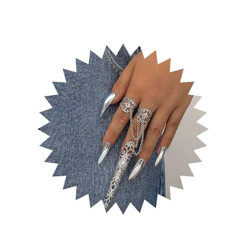 Dervivea Punk Fingernagel Krallen Ringe Silber Fingerring Kette Alte Königin Kostüm Fingernagel Gothic Fingerring Nagelschmuck Für Frauen Und Mädchen von Dervivea