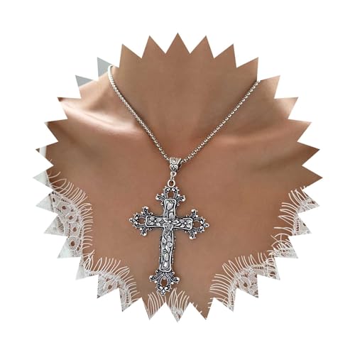 Dervivea Punk Große Kreuz Anhänger Halskette Übergroßes Filigranes Kreuz Choker Halskette Übertriebenes Kreuz Halskette Silber Italienische Kette Halskette Schmuck Für Frauen Und Mädchen von Dervivea