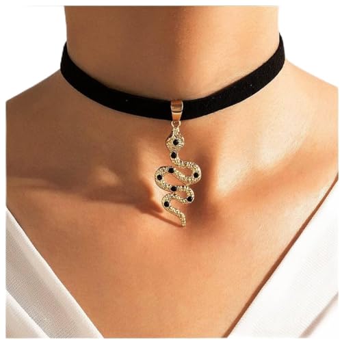 Dervivea Punk Velvet Snake Choker Halskette Gold Snake Pendant Halskette Short Black Ribbon Halskette Goth Velvet Clavicle Necklace Schmuck für Frauen und Mädchen von Dervivea