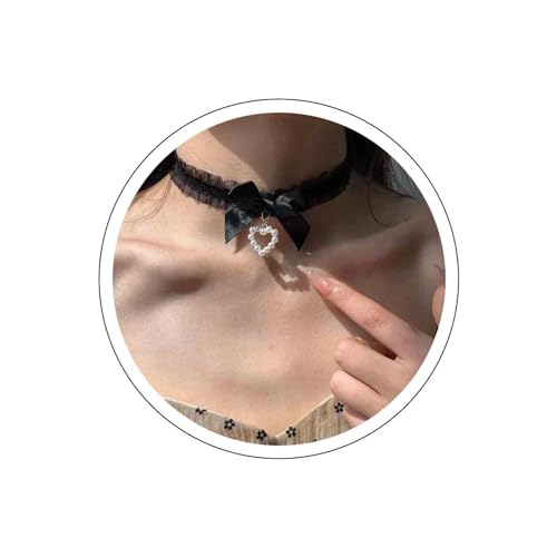 Dervivea Vintage Spitze Bogen Choker Halskette Schwarz Bowknot Kragen Halskette Kurze Spitze Halskette Schwarz Lolita Choker Halskette Perle Herz Anhänger Choker Halskette Schmuck Für Frauen von Dervivea