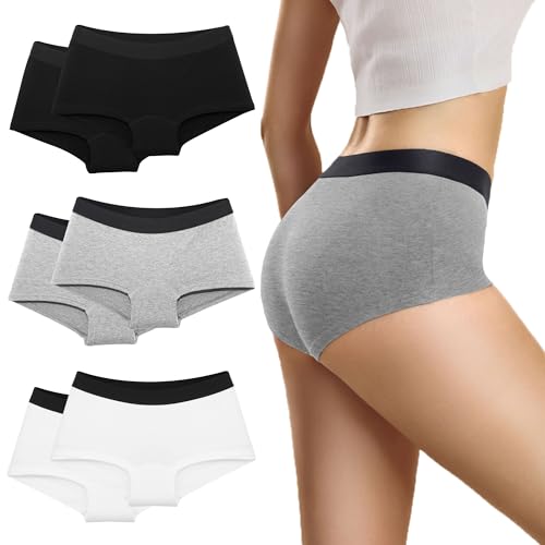 Desanlapi Panties Damen Boxershorts Baumwolle Hipsters Slips Sportunterwäsche für Damen Stretch Hotpants Baumwoll Unterhosen Damen Atmungsaktive Pantys 6er Pack Schwarz Weiß Grau M von Desanlapi