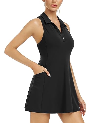 Desol Tenniskleid Damen mit 4 Taschen, V-Ausschnitt Polokleid Damen, Golf-Trainingskleid mit integrierten BH und Unabhängige Shorts, Sportkleider Damen mit Tasten von Desol