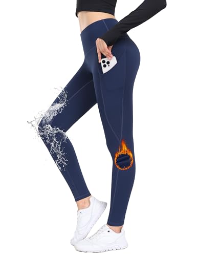 Desol Thermo Leggings Damen mit Taschen mit Innenfleece Hohe Taille Thermo Leggings Gefüttert wasserdichte Winter warme Sporthose für Fitness Laufen Wandern von Desol