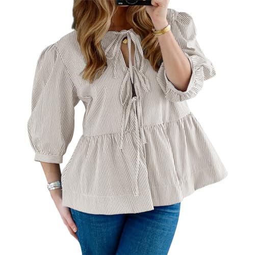 DeuYeng Damen Y2k Tie Front Puff Sleeve Babydoll Shirts Casual Bluse Tops Rüschen Saum Schößchen Shirt E Girls Streetwear (#4 Khaki, S) von DeuYeng