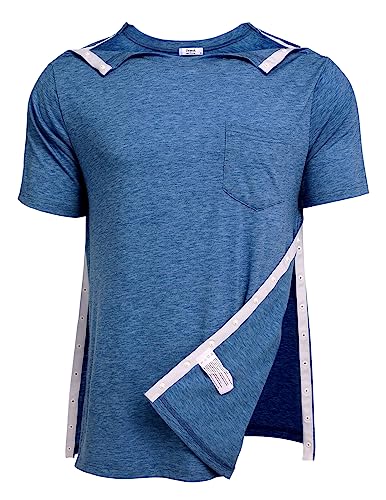 Deyeek Herren Post Schulter Chirurgie Shirts Recovery Tear Away Kurzarm Voll Offene Seite Snap Dialyse Chemo Kleidung, Dunkelblau, Mittel von Deyeek