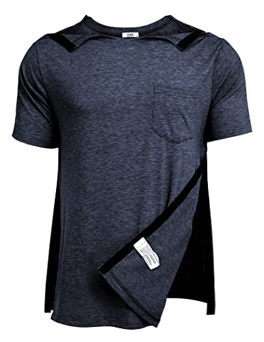 Deyeek Herren Post Schulter Chirurgie Shirts Recovery Tear Away Kurzarm Voll Offene Seite Snap Dialyse Chemo Kleidung, Marineblau, XL von Deyeek