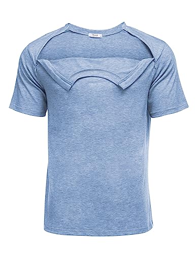 Deyeek Unisex Chemo Port Shirts Post Schulter Chirurgie Erholung Shirts Tear Away Side Reißverschlüsse Off Voll Offene Chemo Kleidung, Hell, blau, L von Deyeek