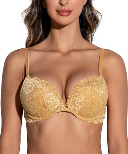 Deyllo BH Damen mit Bügel,Push up BH,Dirndl BH Blumen Spitze Schalen Bügel BH Gepolstert Elegant(Goldene,80C) von Deyllo