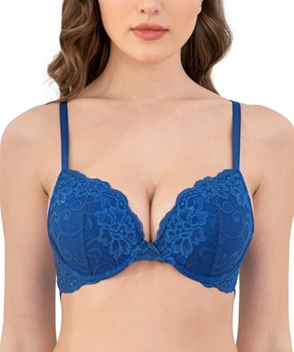 Deyllo BH Damen mit Bügel,Push up BH,Dirndl BH Blumen Spitze Schalen Bügel BH Gepolstert Elegant(JuwelBlau,70D) von Deyllo