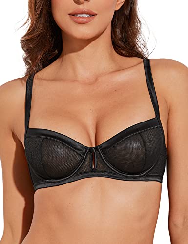 Deyllo Damen BH mit Bügel Transparente Mesh-Spitze Ungefütterter Bügel-BH Durchsichtiger Demi BH (Schwarz,90C) von Deyllo