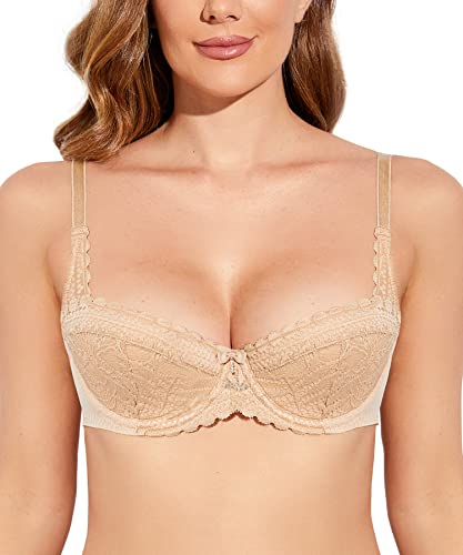 Deyllo Push up BH Damen mit Bügel Spitzen Balconette Dirndl BH Comfy Schalen Lingerie Sexy Demi Cup Beige 75C von Deyllo